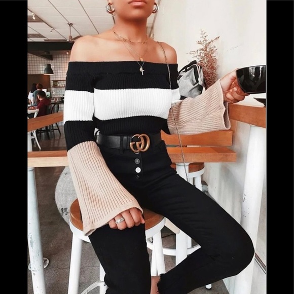 Multi colored striped off the shoulder sweater. - Picture 3 of 4